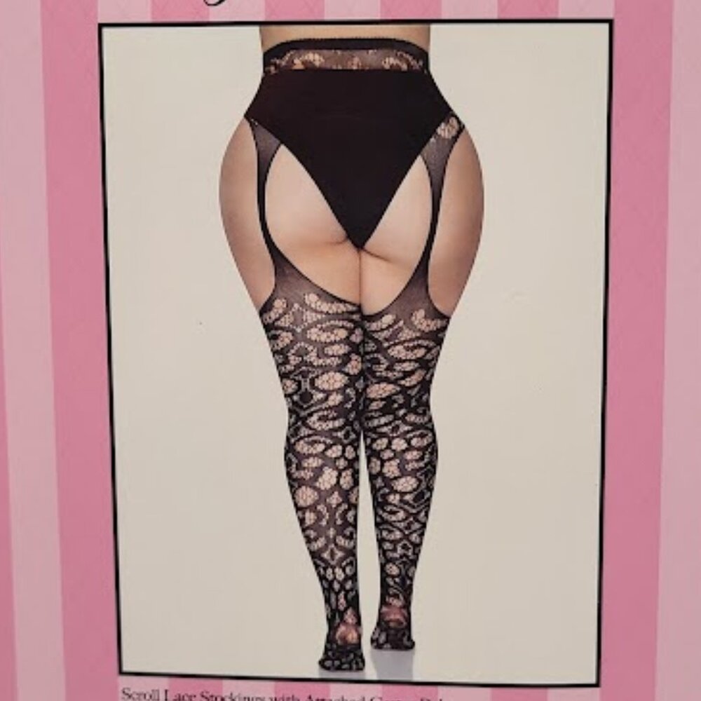 Plus Size Scroll Lace Stockings Garter Pantyhose - Picture 2 of 3